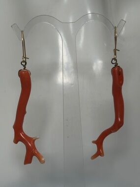14k real gold Red Coral Branch Drop Earrings